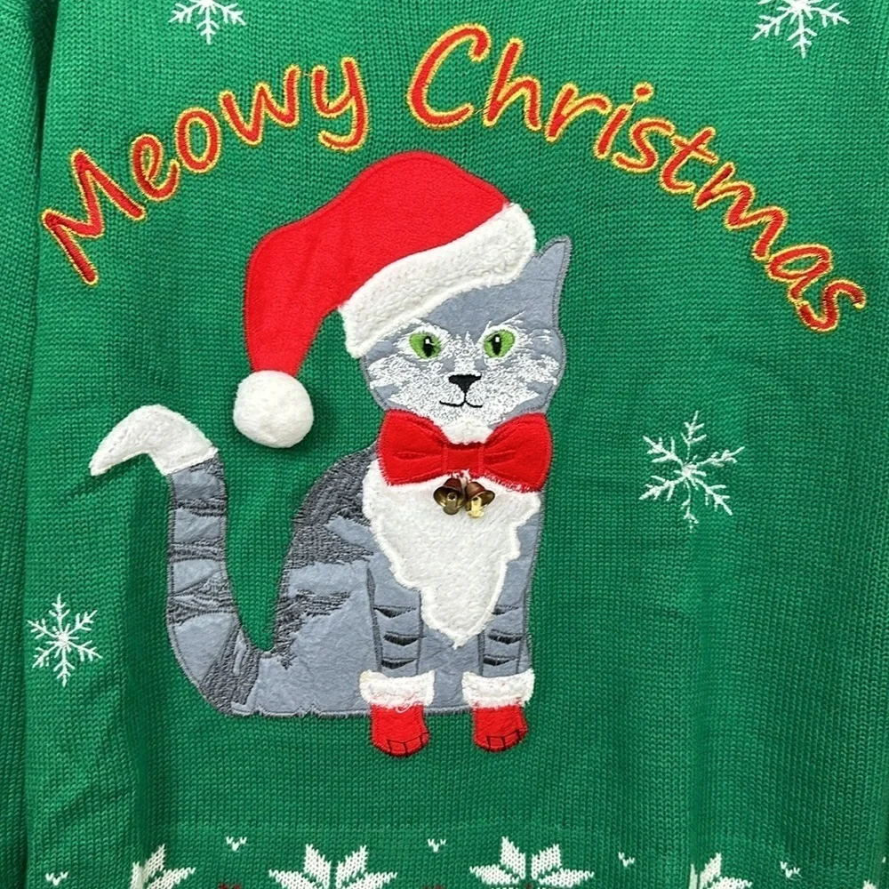 Meowy Christmas Kitty with Bells Ugly Christmas Sweater Sz XL